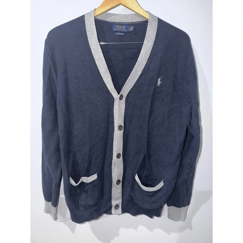 Polo Ralph Lauren Pima Cotton Varsity Sweater Men's Large‎ Blue Gray
